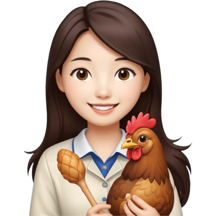 korean girl with long dark brown hair holding a chicken drumstick, simple emoji style emoji