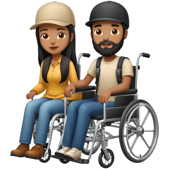 Beige skin man with a beard and cap in a wheelchair and a brown skin woman with long black hair in a wheelchair  emoji