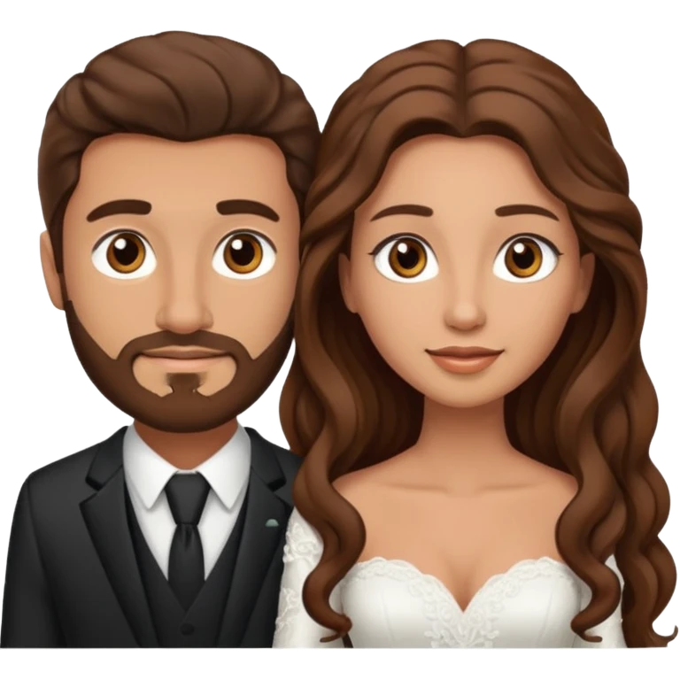 wedding couple woman with long straight brown hair and eyes man with long brown curly hair and facial hair emoji