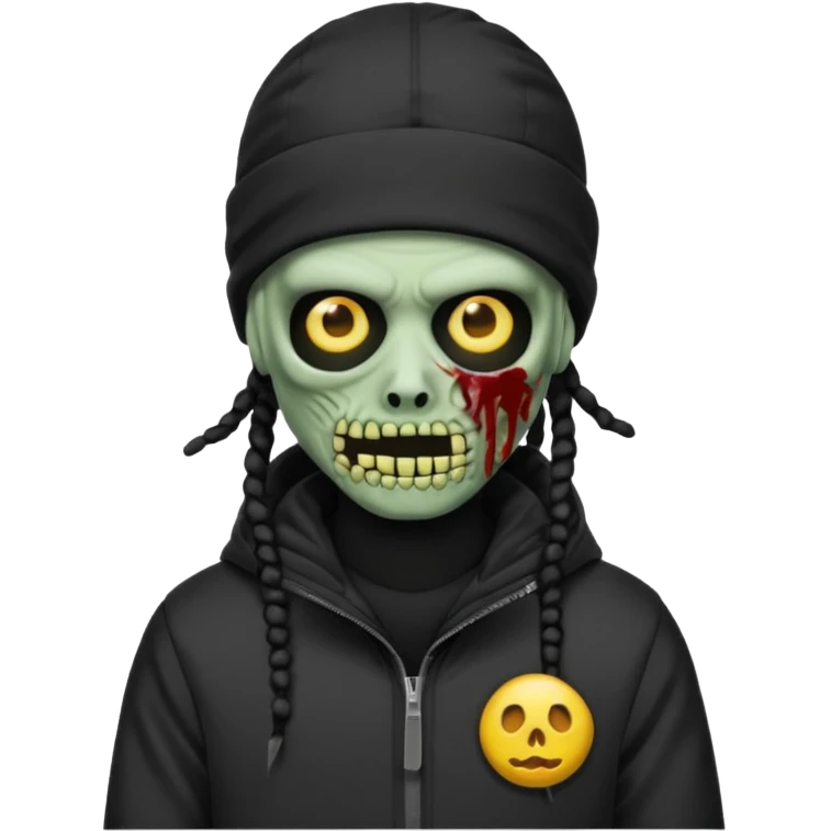 a zombie emoji with black dreads and a black nike jacket and black nike ski mask on his head emoji