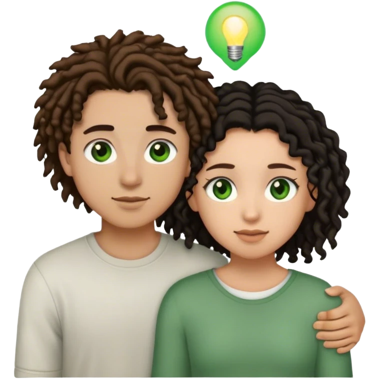 couple holding eachother. the boy is light skinned, short brown dreads, and green eyes. the girl is light skinned, curly black hair, and brown eyes emoji
