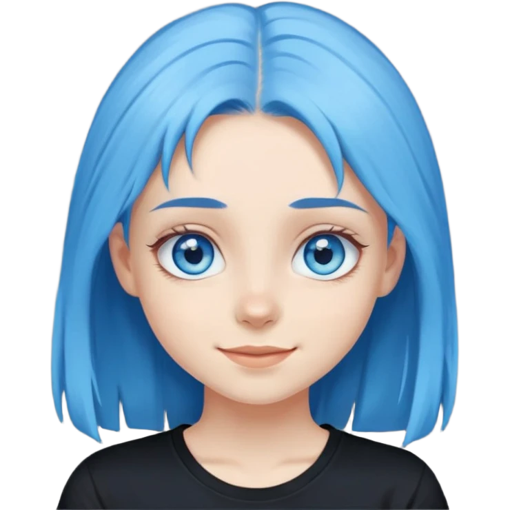 Girl, with blue eyes, with blue caret hairs, with black t-shirt, happy emotion  emoji