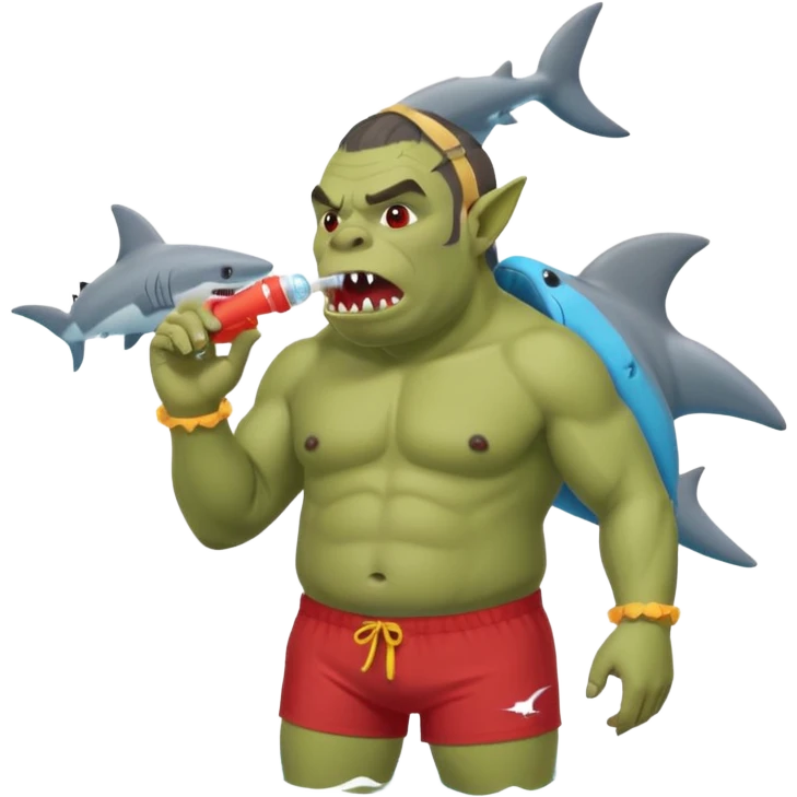 orc male in shark floatie, blowing whistle. Red swim trunks emoji