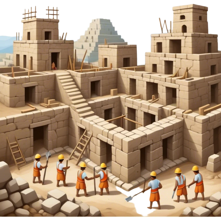 Ancient city under construction with workers using basic tools. Incomplete stone buildings, scaffolding, and a rough landscape. Simple, primitive architecture emoji