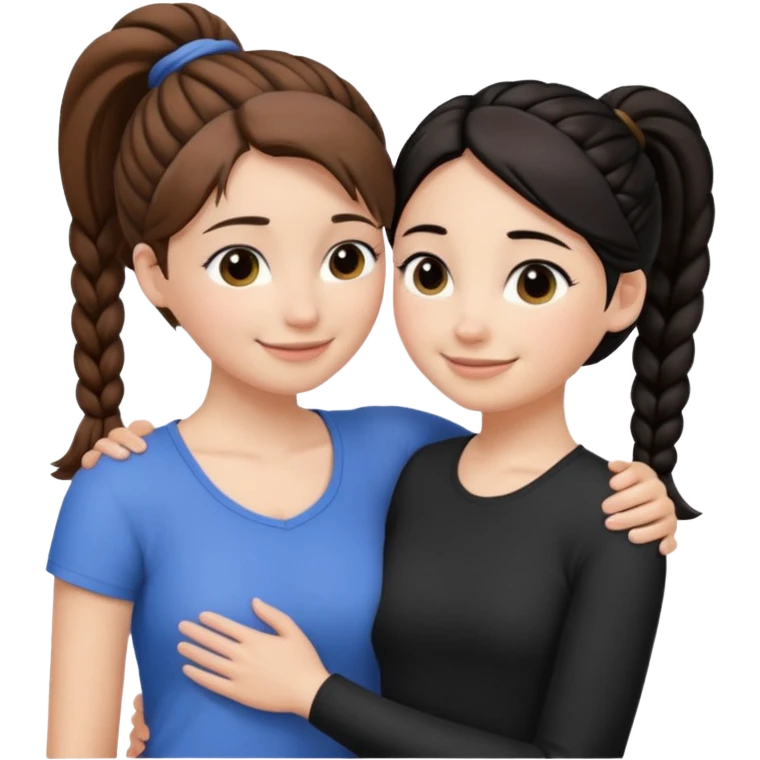 Comforting Hug two white skin women, one shorter woman with brown hair in simple top ponytail, not braided, and one taller woman with black hair in long side braid emoji