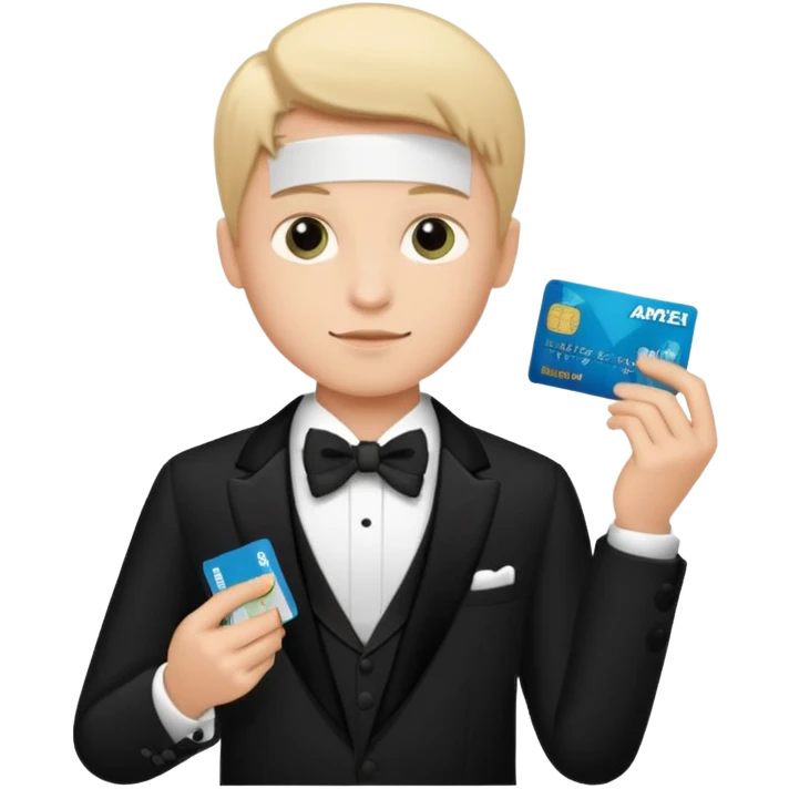 make a genmoji of a boy with a an amex card in hand and wearing a tux emoji