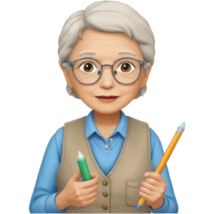 woman teacher, old, wearing vest, wearing glasses, hold chalk on their hand emoji