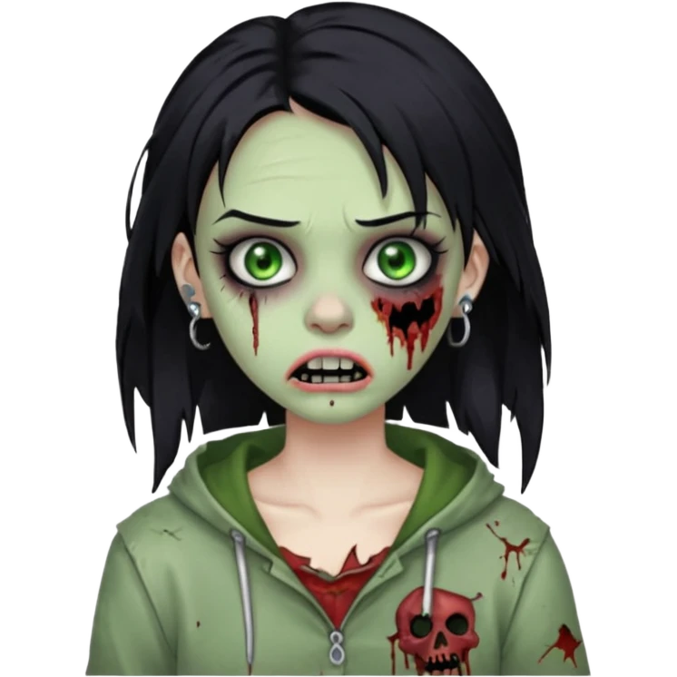 quero que me faça igual a anterior, como um zumbi, porém, a menina deverá ter cabelos pretos e olhos verdes, e um piercing na sobrancelha e um na boca emoji