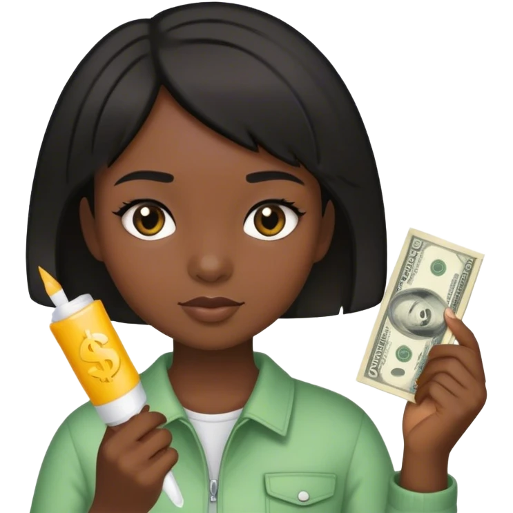a young girl with dark skin and short black hair holding money and a glue stick in her hands emoji