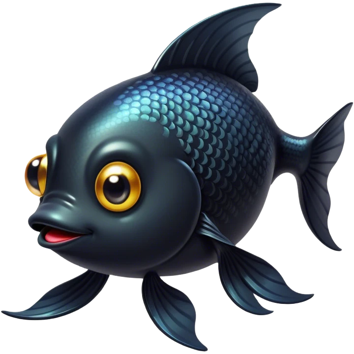 Cinematic Cute Black Goldfish Portrait Emoji, Head tilted playfully and inquisitively, featuring a glossy, deep black body with shimmering scales and round, sparkling golden eyes filled with curiosity, Simplified yet irresistibly adorable features, highly detailed, glowing with a warm, friendly glow, high shine, affectionate and lively, stylized with a touch of whimsy, bright and endearing, soft glowing outline, capturing the essence of a mischievous yet loving goldfish, so playful it feels like it could swim out of the screen and into your heart! emoji