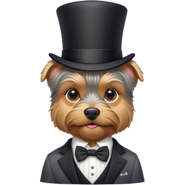 Grey tan Yorkshire terrier wearing a suit and top hat like a gentleman emoji
