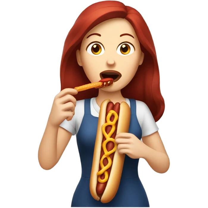 White woman white dark red hair eating a hotdog  emoji