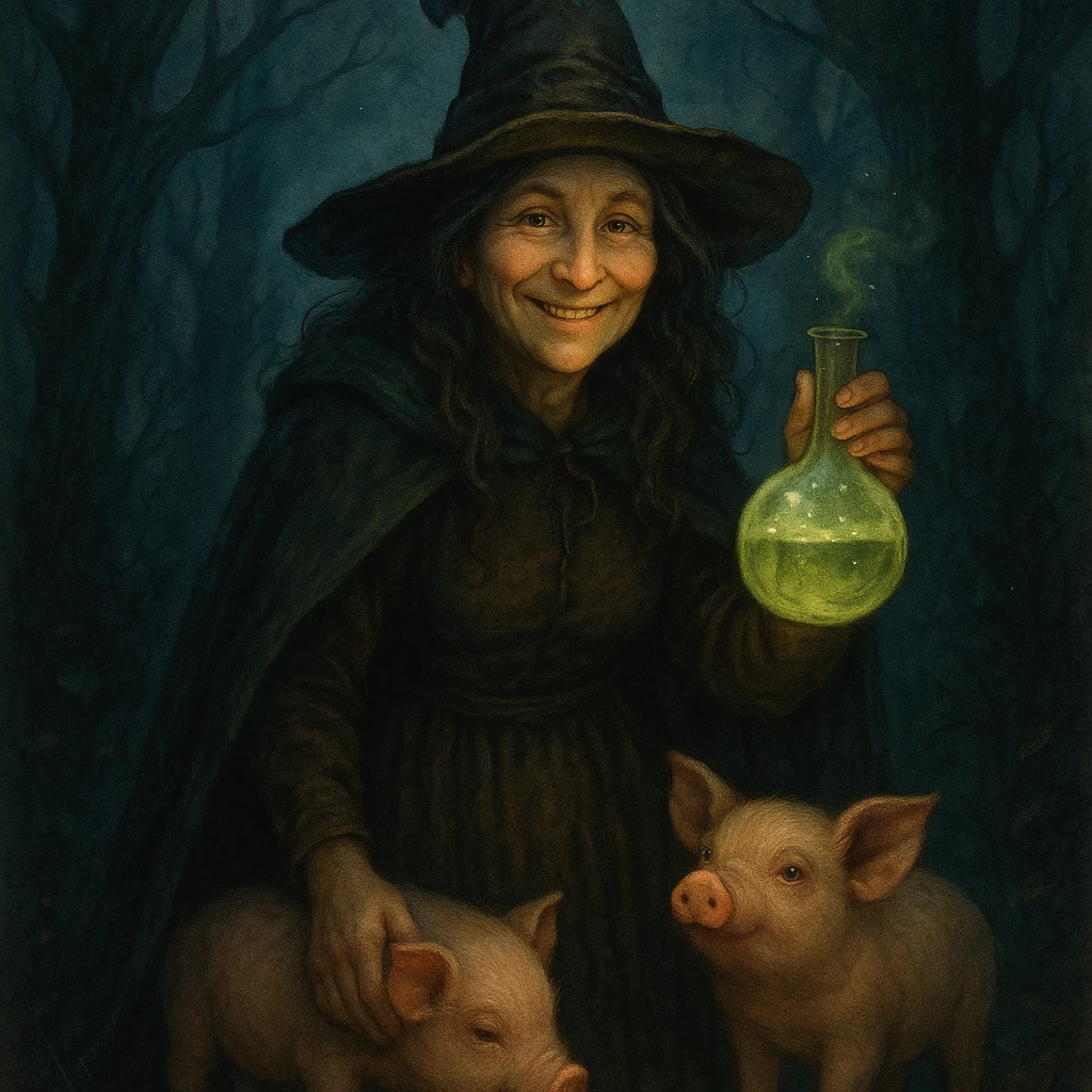 smiling witch with magical potion and pigs at her feet, mysterious atmosphere, fairy tale style emoji
