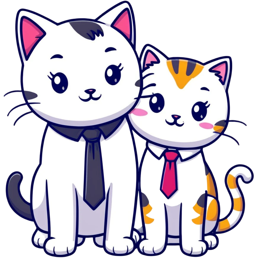 happy girl cat with eyelashes wearing a colorful necktie and happy boy cat wearing a professional necktie standing together and holding paws, both with loving expressions emoji