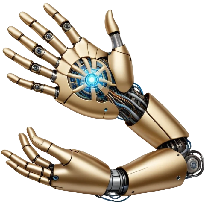 An icon inspired by Da Vinci’s 'The Creation of Adam', featuring a robotic hand reaching out to touch a human hand, symbolizing artificial intelligence. The design includes neural networks, glowing circuits, and a holographic brain. Transparent background emoji