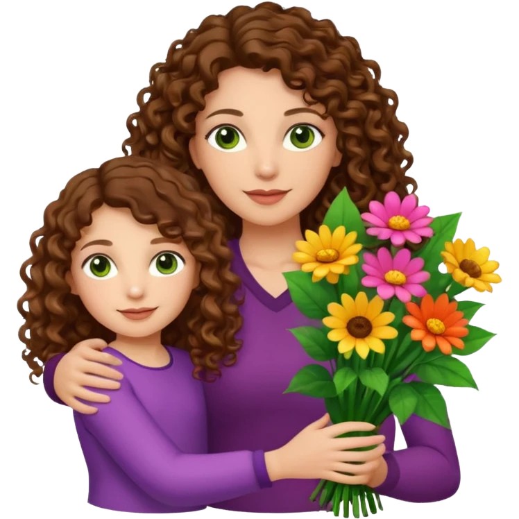 light skinned brunette long curly haired woman with green/hazel eyes holding big bright bunch of flowers with one hand and daughter's hand (also with long brown curly hair) in other. White background. emoji