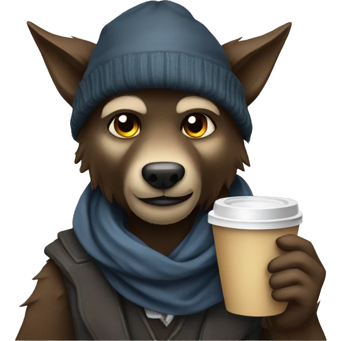 nice werewolf with a beanie reading a book and drinking a coffee to go  emoji