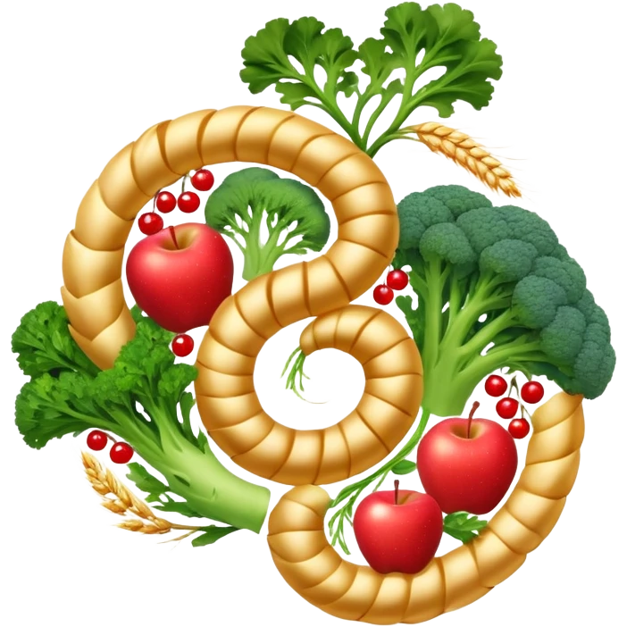 Golden wheat stalks, green leafy vegetables, bright apples, berries, broccoli, and tiny seeds surrounding a glowing spiral digestive system. Light sparkles flow through the intestines showing fiber's cleansing effect. emoji
