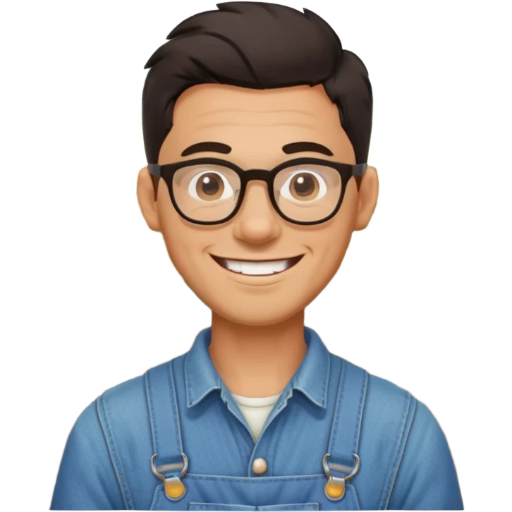 smiling dark-haired man with glasses, big teeth, standard male haircut, rural farmer emoji