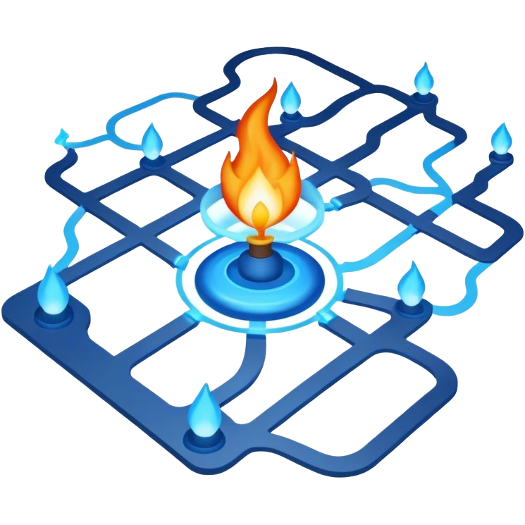 a map with a glowing blue flame on the x and networking paths emoji