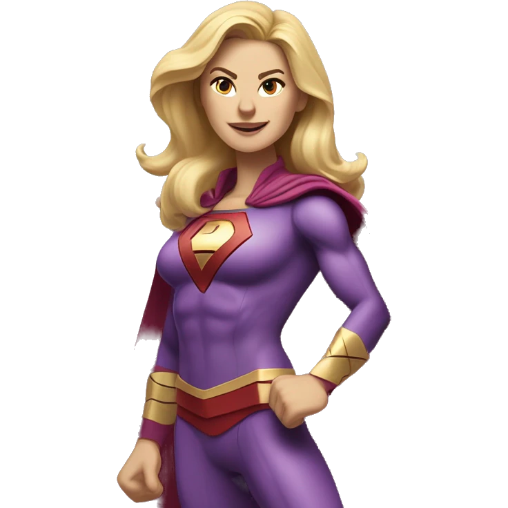 Long blond haired tall superhero woman with strong shoulders happily boldly charging into action. Her face looks like actress Annie Murphy. Her costume colors are purple and yellow. Her shoes are Hoka. The emblem on her costume is B. emoji