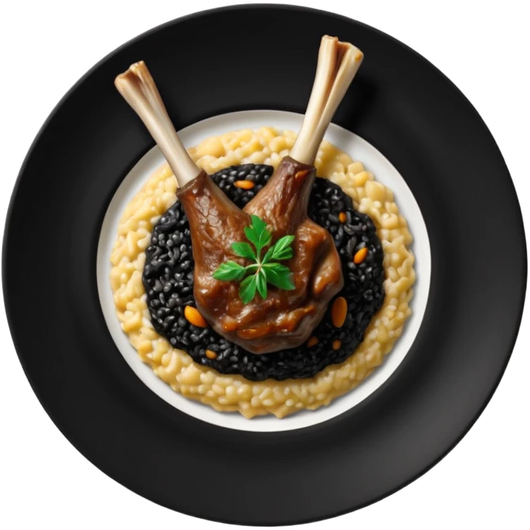 Lamb Shanks with Risotto Nero on a black plate, top view emoji