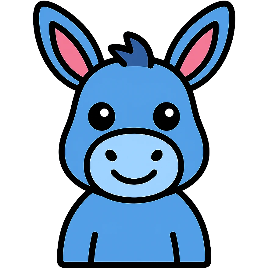 cute blue donkey with big eyes and friendly smile, simple flat design emoji