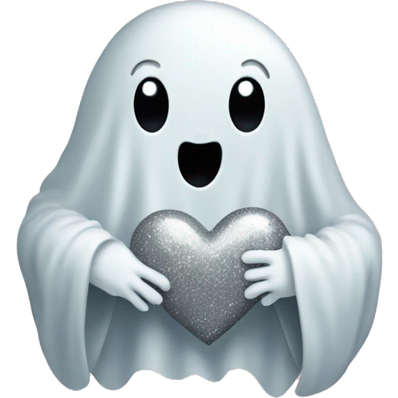 Cute ghost holding grey love heart with silver glitter all around it  emoji