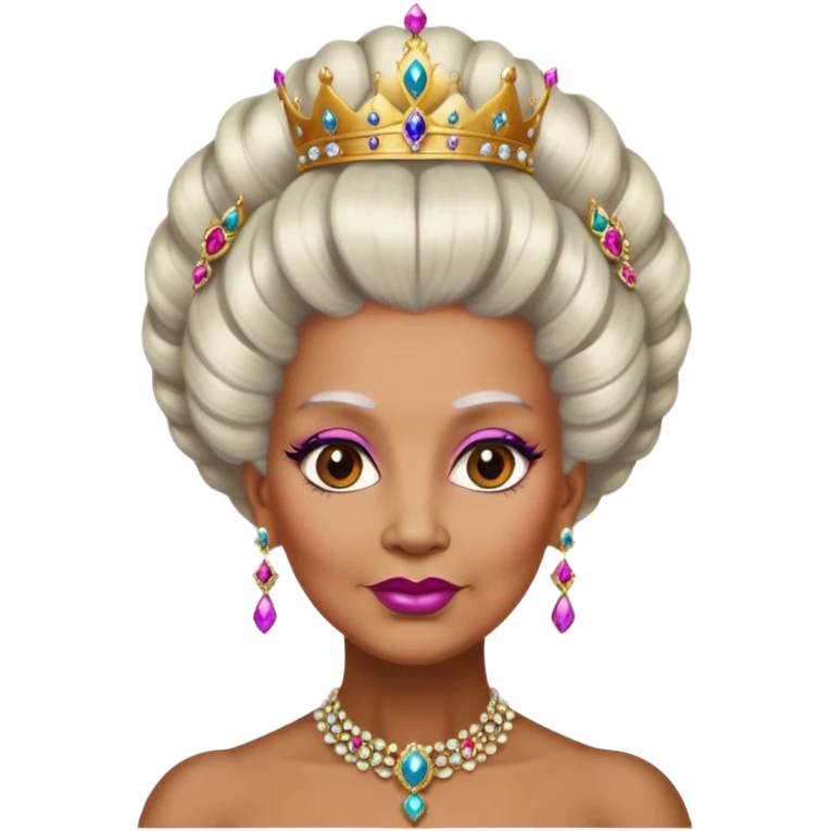 old queen with Elaborate updo hairstyle, powdered wig, adorned with jewels warm brown skin emoji