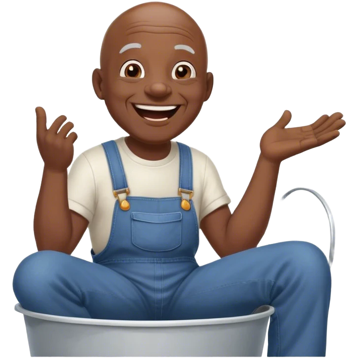 Side view Laughing telling story Old bald black man sitting on top of white bucket wearing overalls no shirt emoji