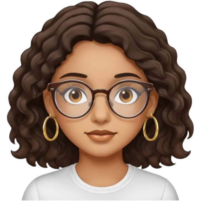 Make a girl with dark brown wavy hair and brown eyes she's tan latina and she has clear glasses and small hold hoop earings emoji