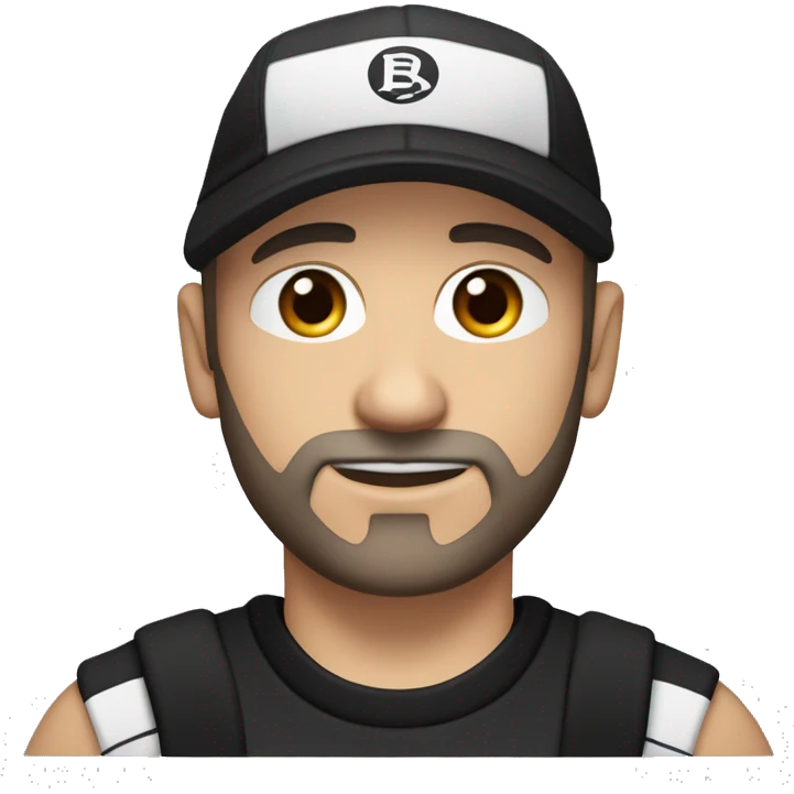 An adult white skin portrait of male with stubble and a slightly gray beard, brown hair, black eyes, wearing a black Reebok cap with a round emblem on his head, and a black sweater with three white stripes on the sleeves underneath. emoji