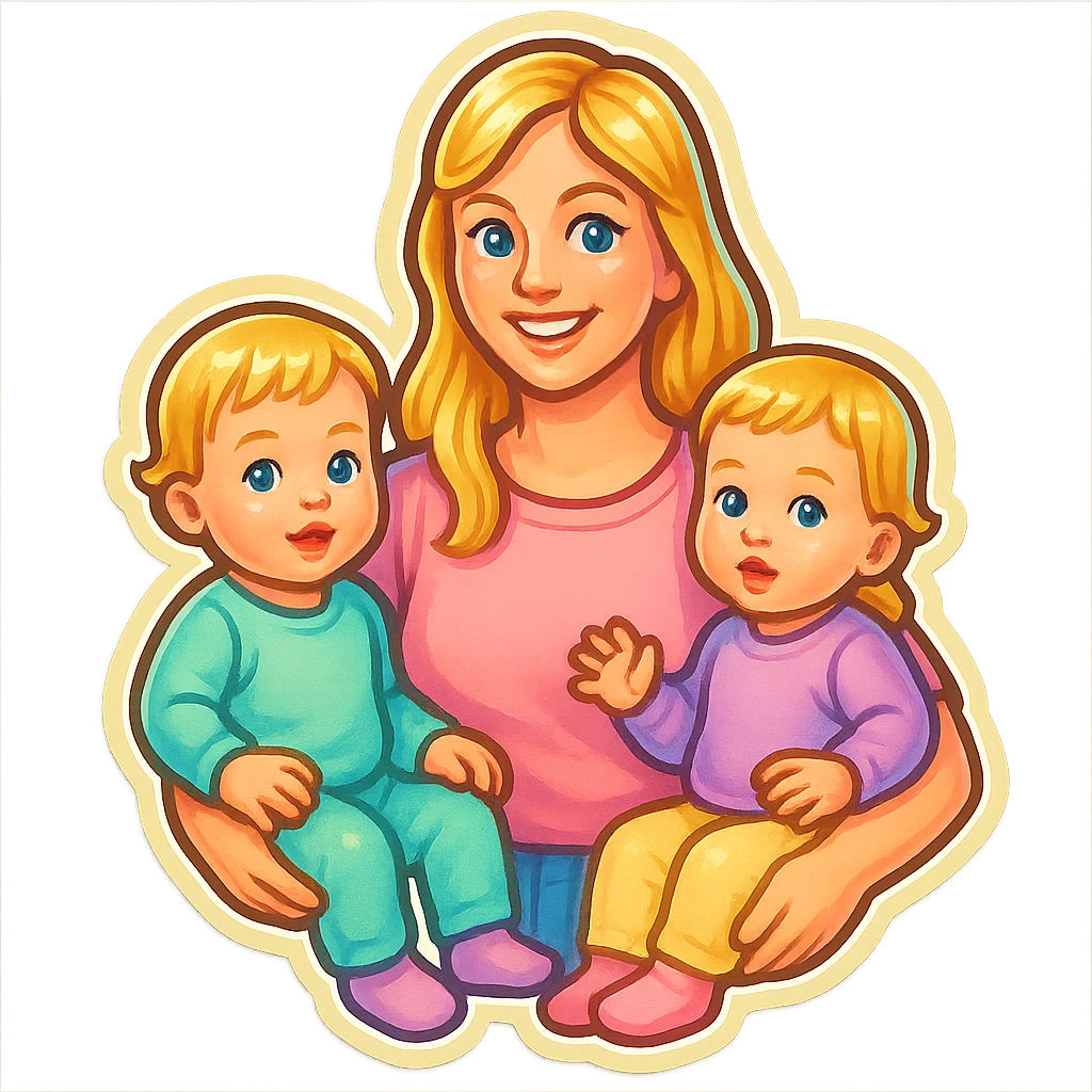 two one-year-old twin girls with short light blonde hair sitting on mom's arms with long light blonde hair, pastel clothing, retro stickers style, different compositions emoji
