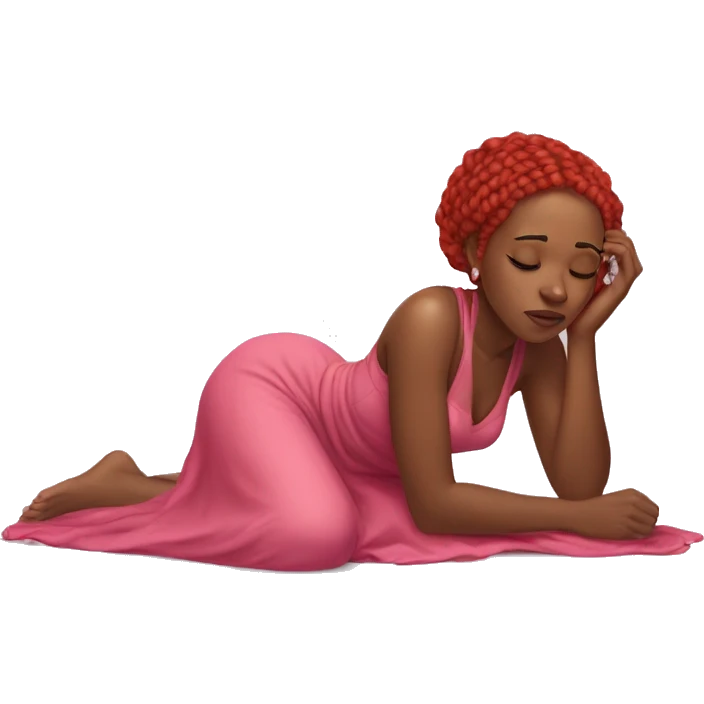 a black woman laying on the floor, with red braids hair ,crying , pink gown emoji
