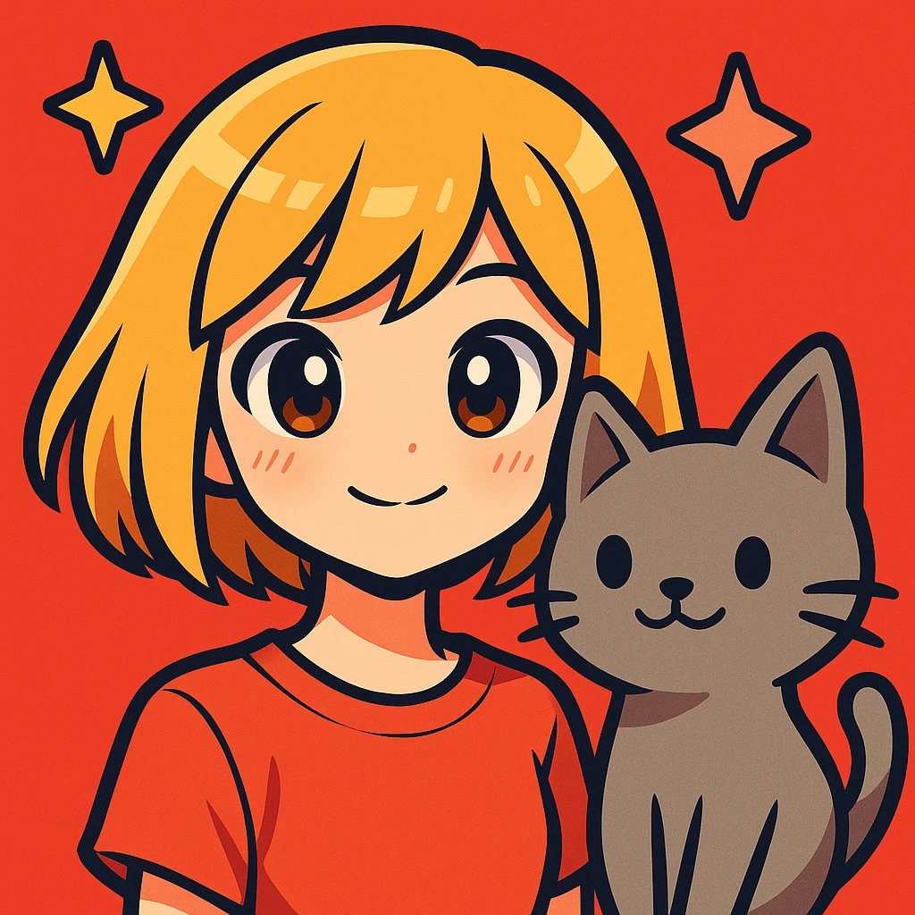 Change the girl's hairstyle to a short bob, keep blond hair, brown eyes, and a grey cat, in a vibrant anime-inspired style with bold colors and dynamic shading. emoji