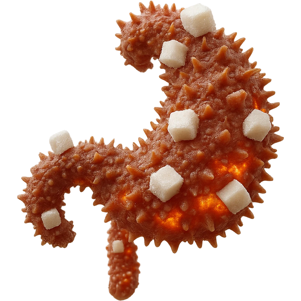 Make the sugars much more evident and recognizable in hyperrealism style, keep the inflamed intestinal microbiota, 4K resolution, transparent background. emoji