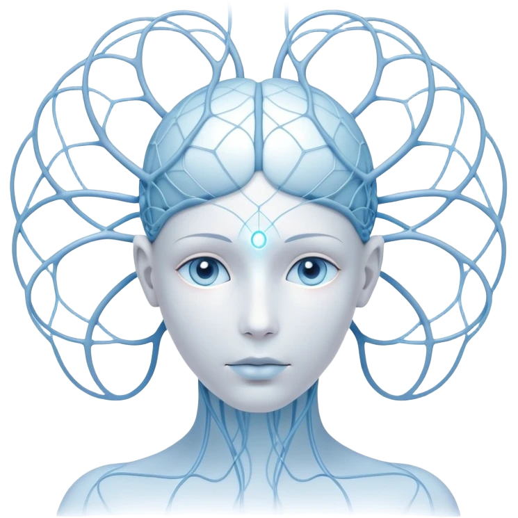 minimalist human figure with luminous cores at head and heart, delicate lines and orbs forming a neural web, soft white-blue light emoji