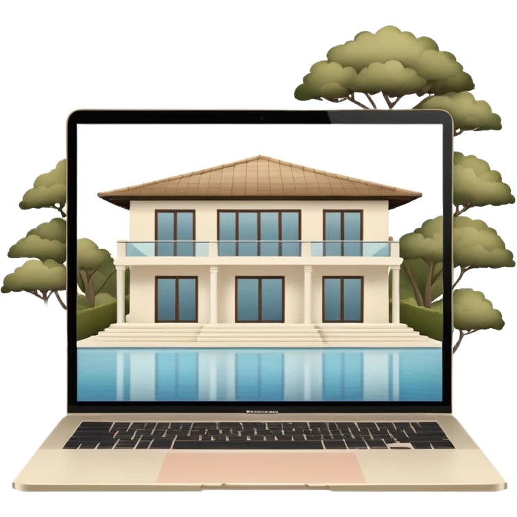 
light beige open macbook sideways with luxury villa on screensaver emoji
