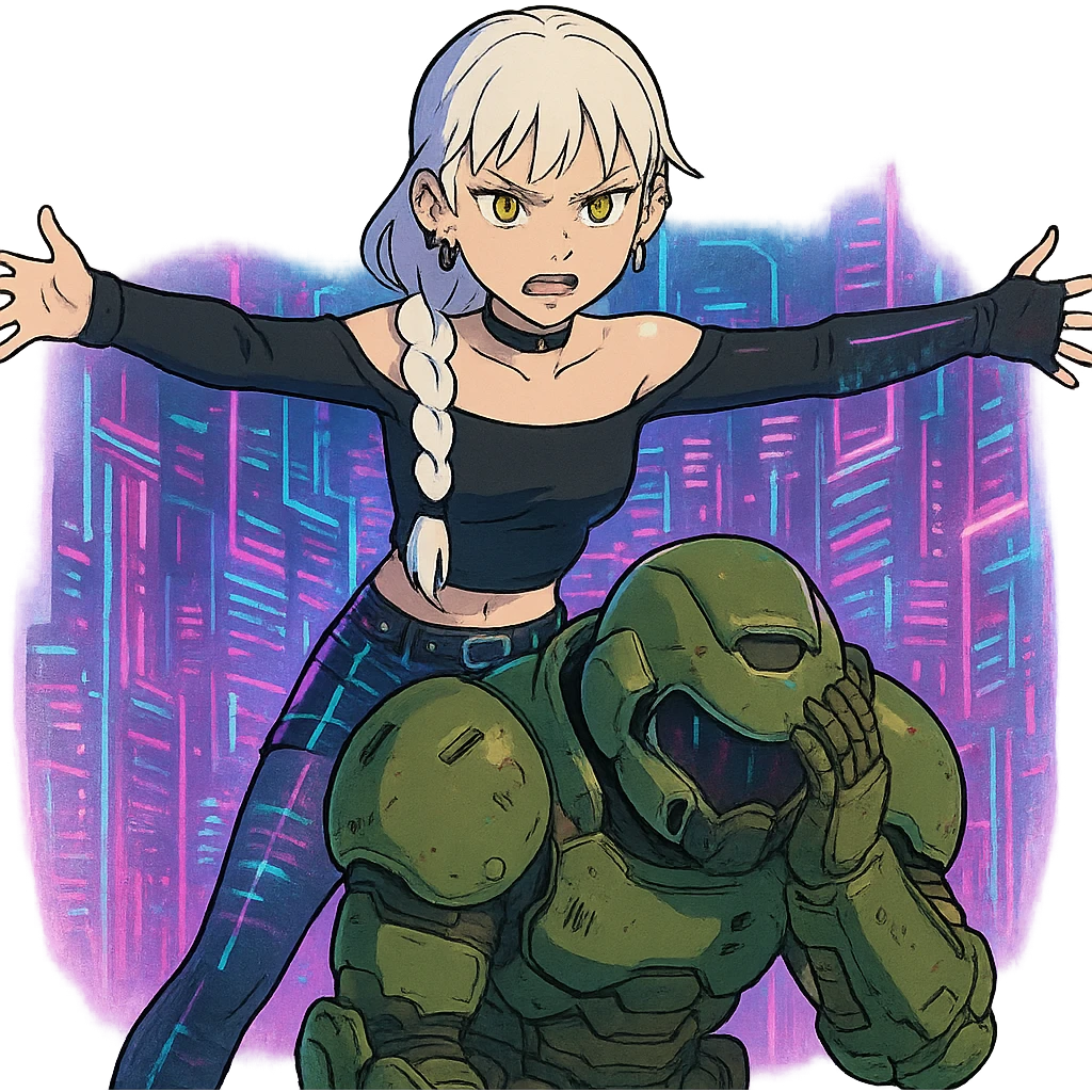  young woman with gold yellow eyes, white hair, long braid, black off-shoulder top, punk gothic style, futuristic cyberwave cyberpunk,, she is aggresively t-posing over a cowering doomguy emoji