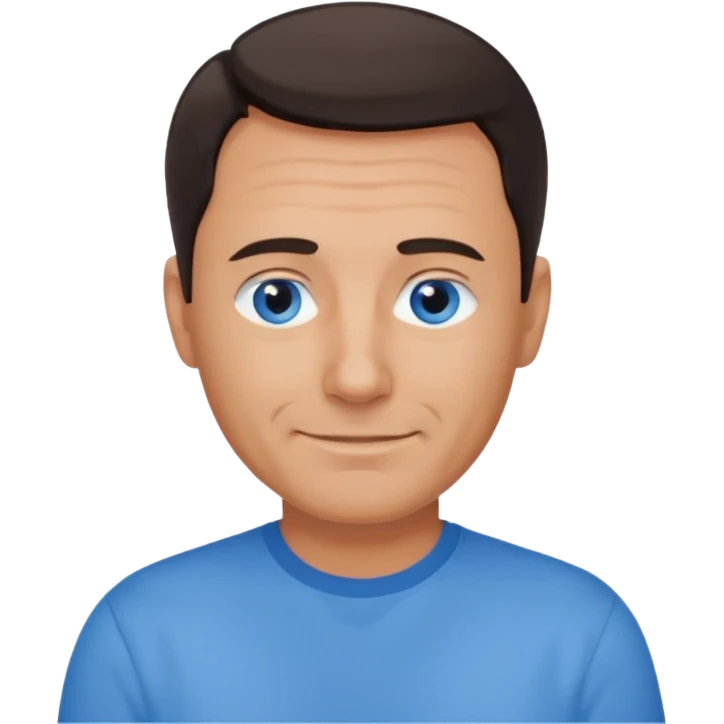 Middle aged man with tanned skin, receding dark hair and no beard, blue eyes, shy smile emoji