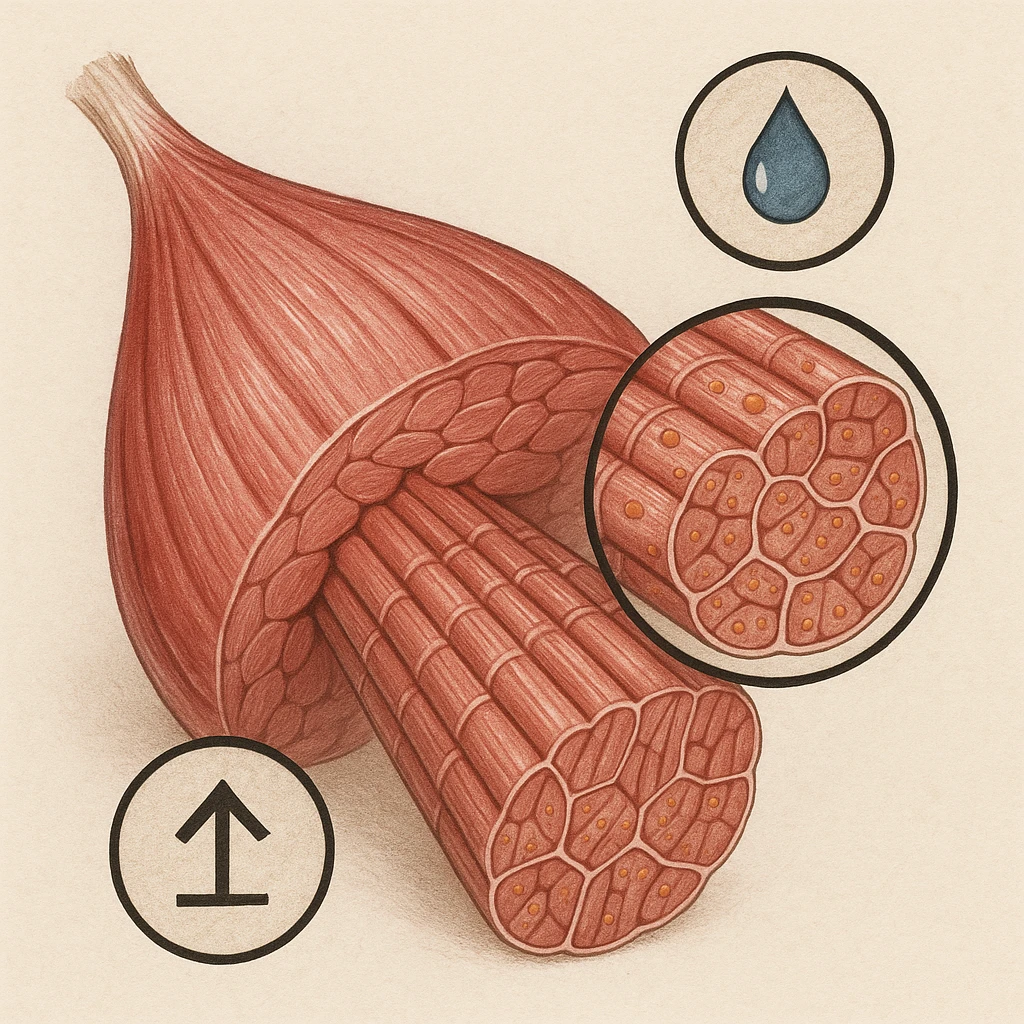 hyper realistic illustration of muscle section with prevalence of slow twitch fibers, low hypertrophy, icons showing saturation and limited growth, cellular details, neutral background emoji