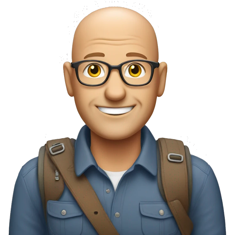 a bald friendly man who is welcoming in his mid 50s with no spectaces and no facial hair for a travel tour guide company logo emoji