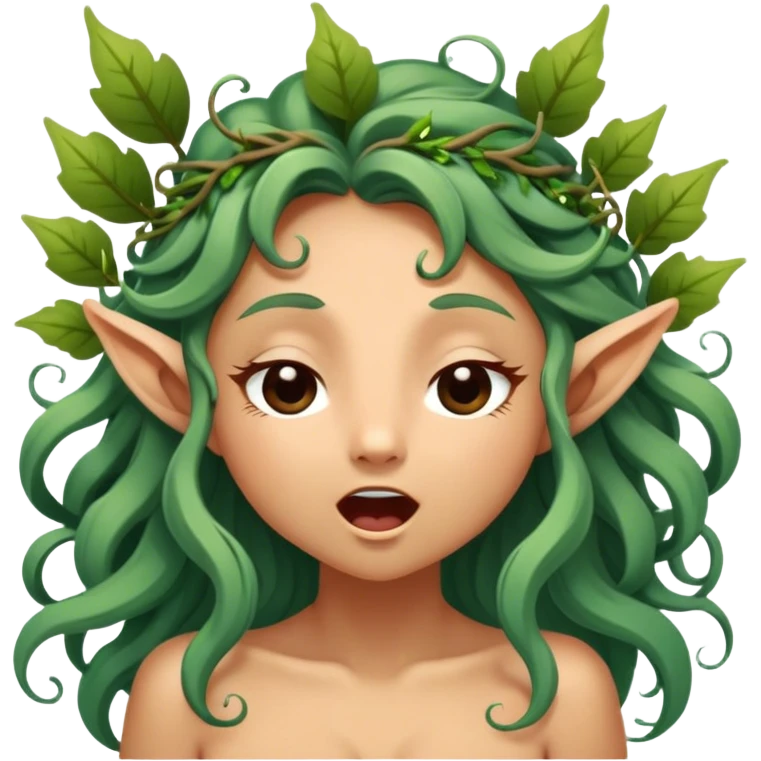 Cinematic Realistic Forest Nymph Fairy Portrait, head tilted slightly with a dramatic, wide-open yawn, revealing a tender, relaxed visage with finely detailed tanned skin and flowing, vine-adorned hair gently framing her face. Her sleepy eyes exude a serene, dreamlike quality as soft natural sunlight filters through the canopy, capturing the essence of a drowsy yet captivating forest nymph drifting into peaceful slumber. emoji