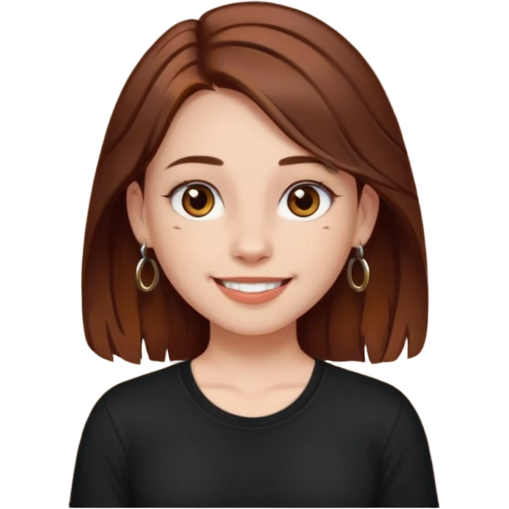 A girl with chest-length brown hair with a reddish tinge, with fair skin, brown eyes and a septum piercing, smiling emoji