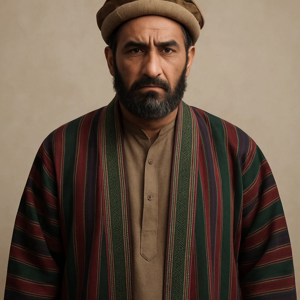 Pashtun man with a chapan coat, pakol hat, serious expression, neutral background emoji