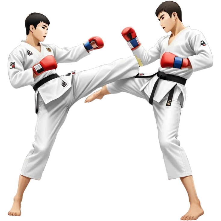 Two taekwondo fighters in traditional white doboks with black belts. One delivers a powerful kick, while the other defends by blocking with his knee. The background shows a professional arena with bright lights and an excited crowd. Transparent background highlights the intense action emoji