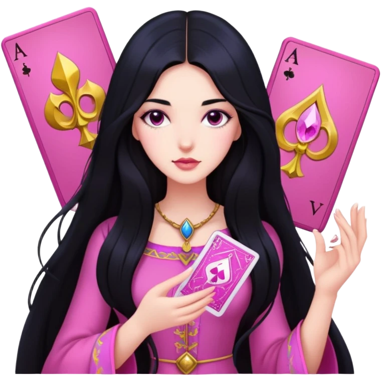 long black hair girl with pink tarot cards emoji