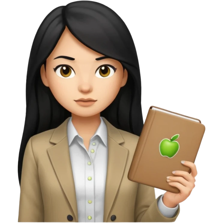 a girl with long black hair, neutral expression, business style clothes (shirt, jacket), holding a notebook, Apple Memoji emoji style emoji