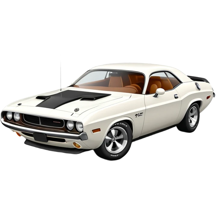 White 1971 Dodge Challenger with consistent proportions, accurate three-quarter view at 30 degrees, showing front grille, headlights and side profile in correct perspective, all white, iOS emoji style emoji
