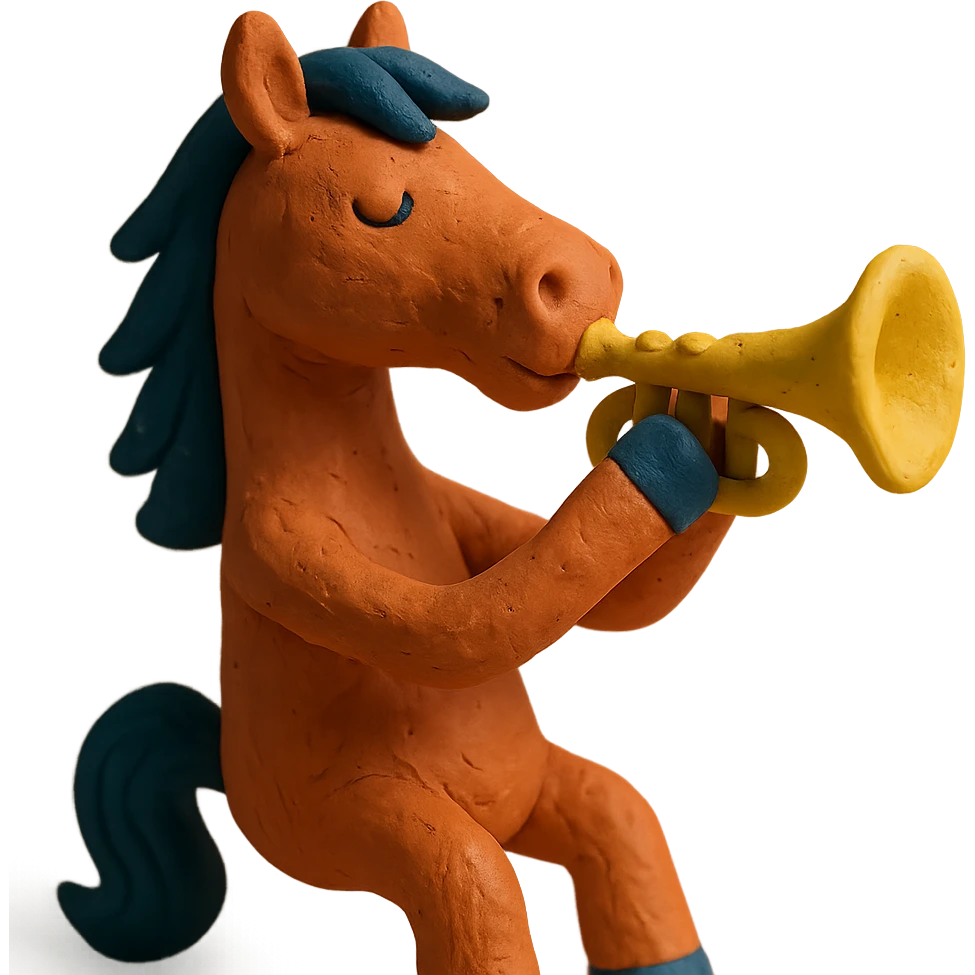 claymation style horse playing trumpet emoji